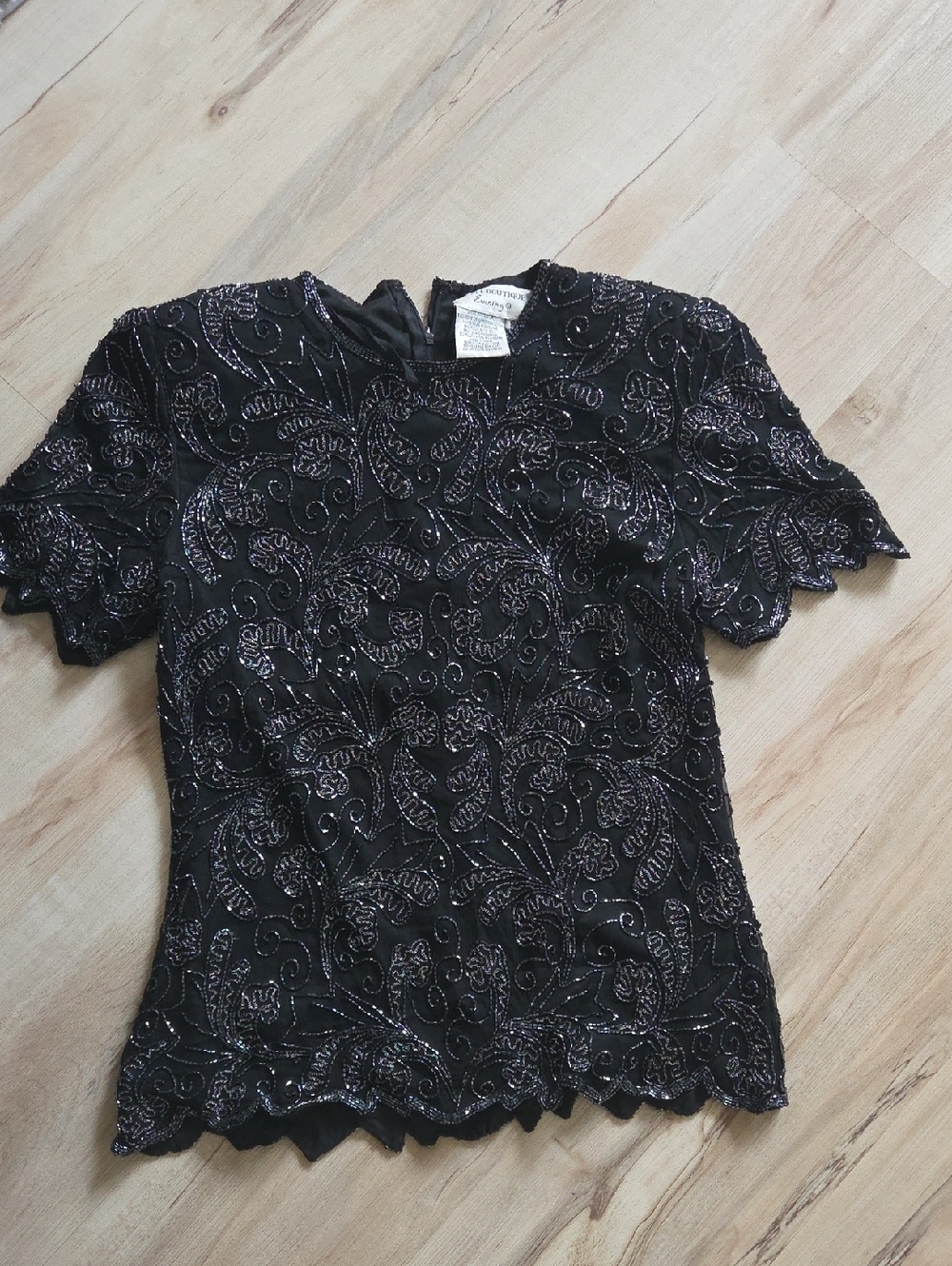 Papell Boutique Black Beaded Scallop Sleeve Evening Top